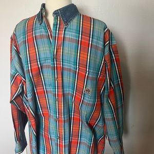 Cinch Men’s Plaid Dress Shirt with Denim Collar Medium